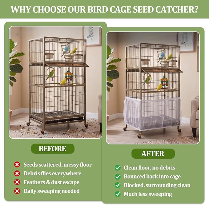Bird Cage Cover,Bird Cage Seed Catcher,Durable Airy Nylon Mesh Net, Adjustable Birdcage Cover Skirt Seed Guard for Parrot Cockatiel Parakeet Pigeon Big Round Square Cages(White)