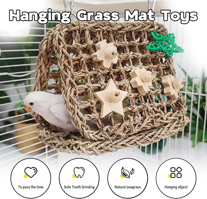 Seagrass Handwoven Bird Bed for Cage, DIY Parakeet Nest & Climbing Ladder, Breathable Bird Hammock Tent, Hut Hideout for Parakeets, Lovebirds, Budgies, Cockatiels(SJ)