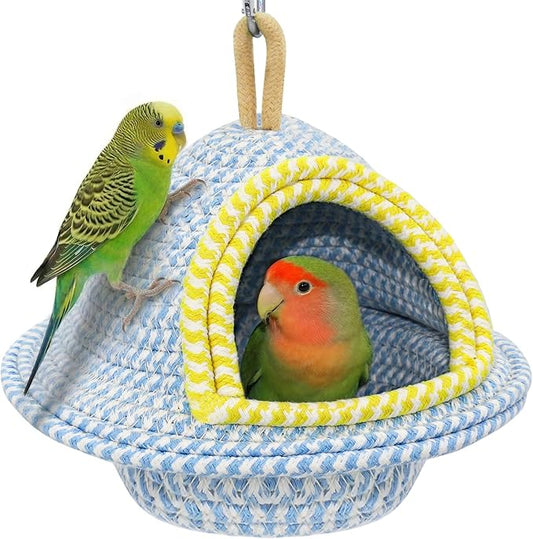 Natural Hand-Woven Cotton Bird Nest for Cage, Dual-Mount Sturdy Cozy Parrot Nest Bed & Breeding House, Hanging Bird Hut for Budgie, Lovebird, Small Bird Sleeping Bed Hideout & Shelter with Hooks