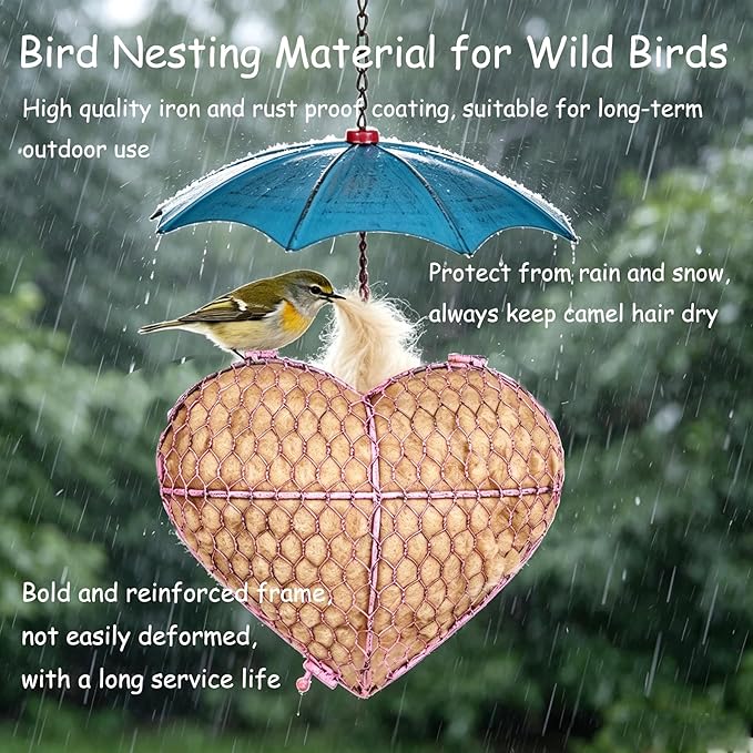 Camel Wool Handmade Alpaca Fiber Bird Nesting Heart - Refillable Material Holder for Wild Birds and Hummingbirds - Garden Art & Winter Shelter for Bird Lovers