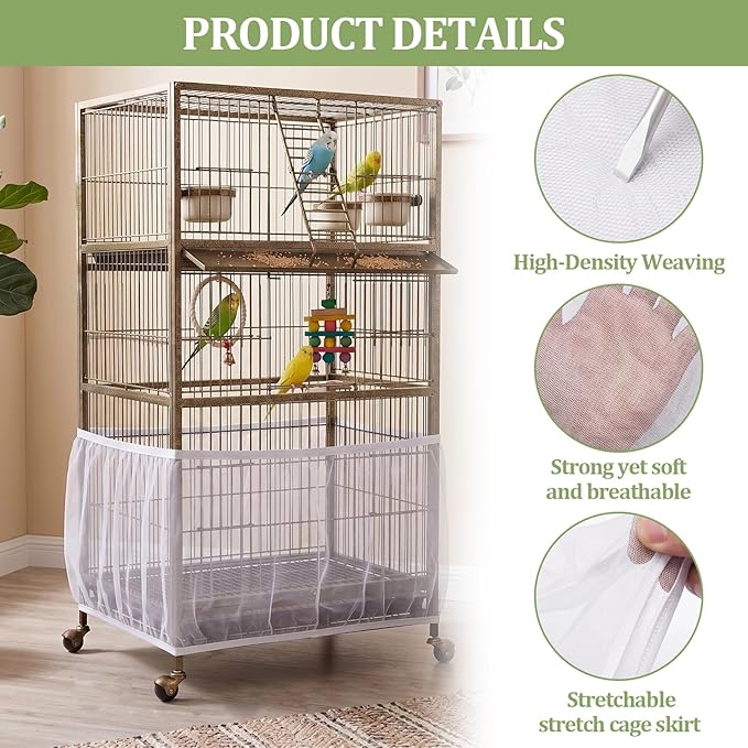 Bird Cage Cover,Bird Cage Seed Catcher,Durable Airy Nylon Mesh Net, Adjustable Birdcage Cover Skirt Seed Guard for Parrot Cockatiel Parakeet Pigeon Big Round Square Cages(White)