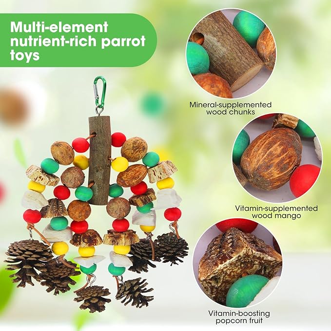 MQUPIN Parrot Toys, Nuts Nutrient-Rich Bird Toys,Natural Wooden Parrot Cage Bite Toy,Chewing Toy Containing Cuttlefish Bones,Pine Cones,Wooden Mangoes and Carambola for African Greys,Cockatoo,Budgie