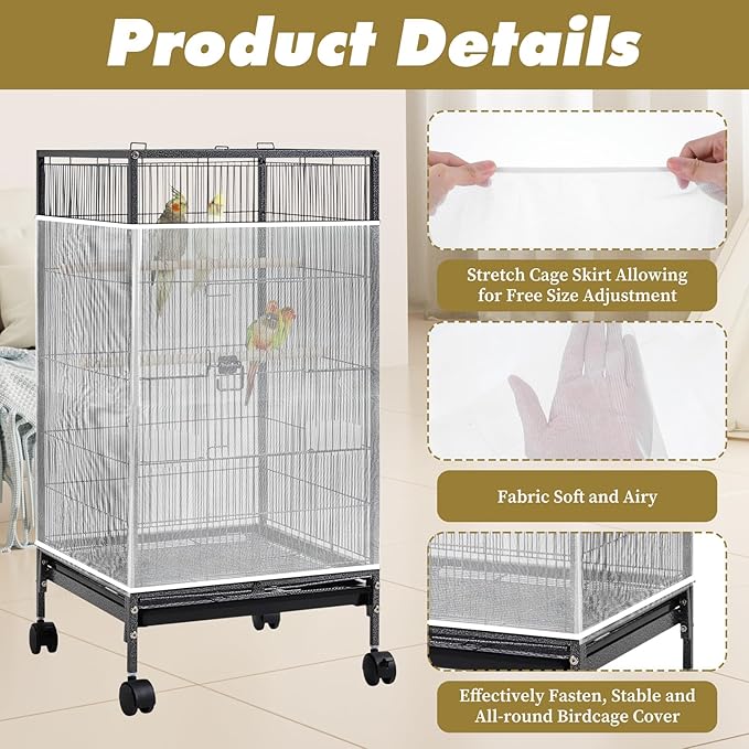 White Bird Cage Seed Catcher Adjustable Soft Birdcage Cover Reusable Nylon Mesh Birdcage Net Lightweight Skirt Seed Guard for Parrot Cage Stop Scatter Breathable Round Square Canary
