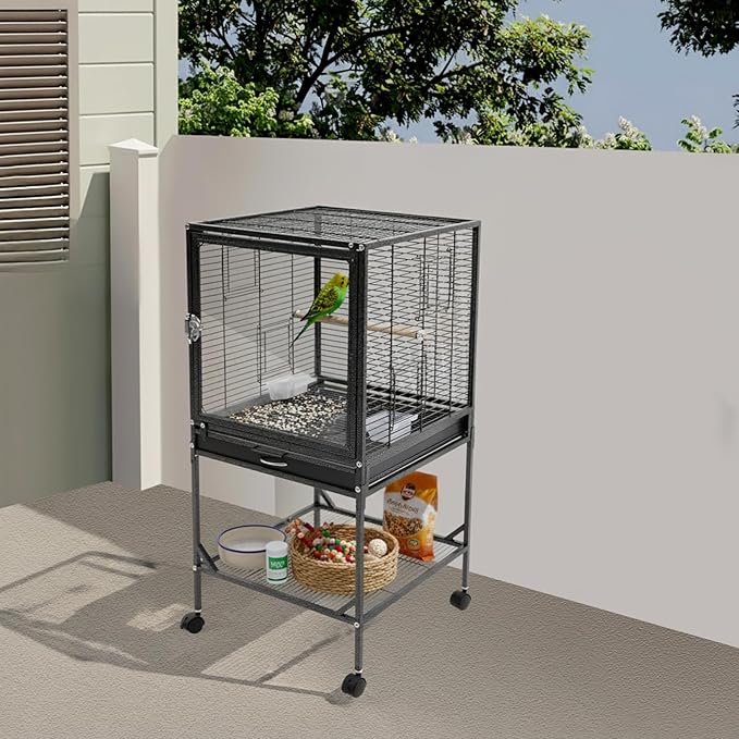 Extra Large Bird Cage 54Inch Wrought Iron Bird Cage with Rolling Stand Metal Parrot Cage with Open Play Top Perch Stand for Conures Lovebirds Cockatiels Finches (Black 2)