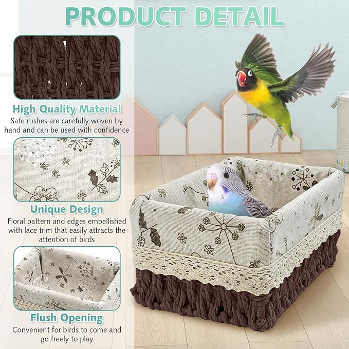 kathson Bird Nest Parrot House Birds Sleeping Bed Straw Weave All Season Hanging Hammock Bird Bed Snuggle Hut Birdcage Accessories for Parakeets Budgies Cockatiels Conures Quaker Parrot (Brown)