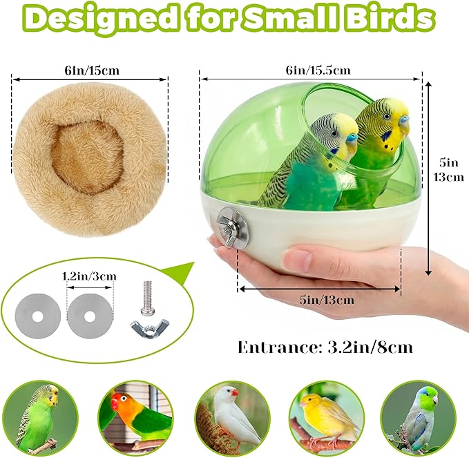 Bird Nest for Cage Bite-Resistant, Washable Clear Observation Small Bird House Hanging, Warm Birds Bed Plush Hut, Parakeet Nest to Lay Eggs Breeding Sleeping for Budgie Lovebird Canary (Green, Clear)