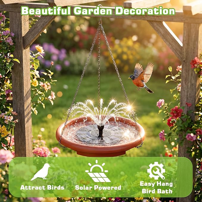 AISITIN 15" Hanging Bird Bath with Solar Fountain, Outdoor Hanging Bird Bath Bowl with 3-Tier Steps, Solar Powered Water Fountain for Bird Bath, Feeder, Drinking, Garden Patio Lawn Backyard