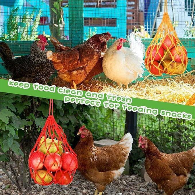 Chicken Vegetable Hanging Feeder, Chicken Vegetable String Bag, Poultry Fruit Holder Chicken Cabbage Feeder Treat Feeding Tool with S Hook for Hens Chicken Coop Toy for Hen Duck Accessories