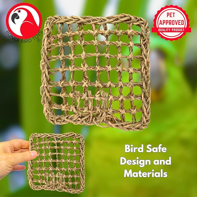 Bonka Bird Toys 1766 Seagrass Mat 7" x 7" Natural Woven Chew Climbing Foraging Base for Small to Large Birds Like Conures Quakers Amazons