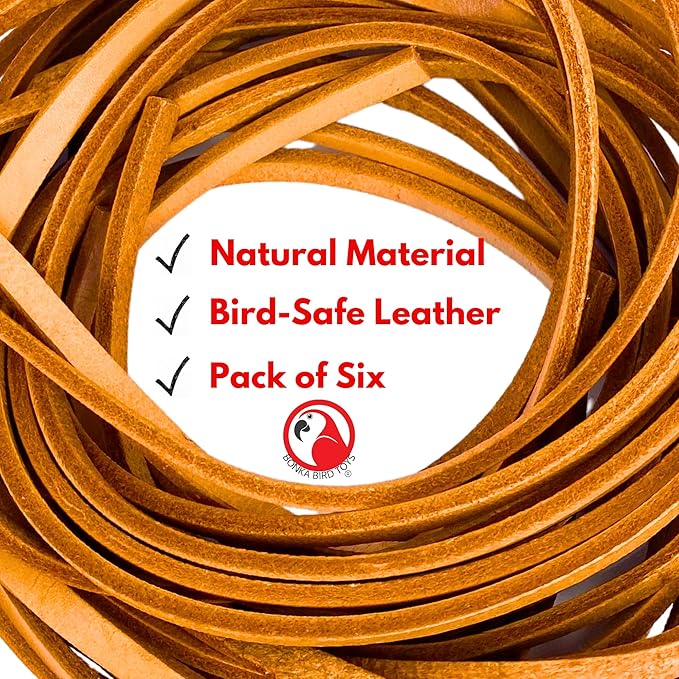 Bonka Bird Toys Natural Leather Bird Toy Strips - 48-Inch Chewing Toys for Parakeets, Cockatiels & Macaws - 6-Pack Dye-Free Training Strands for Mental Enrichment, Safe Play & Interactive Fun