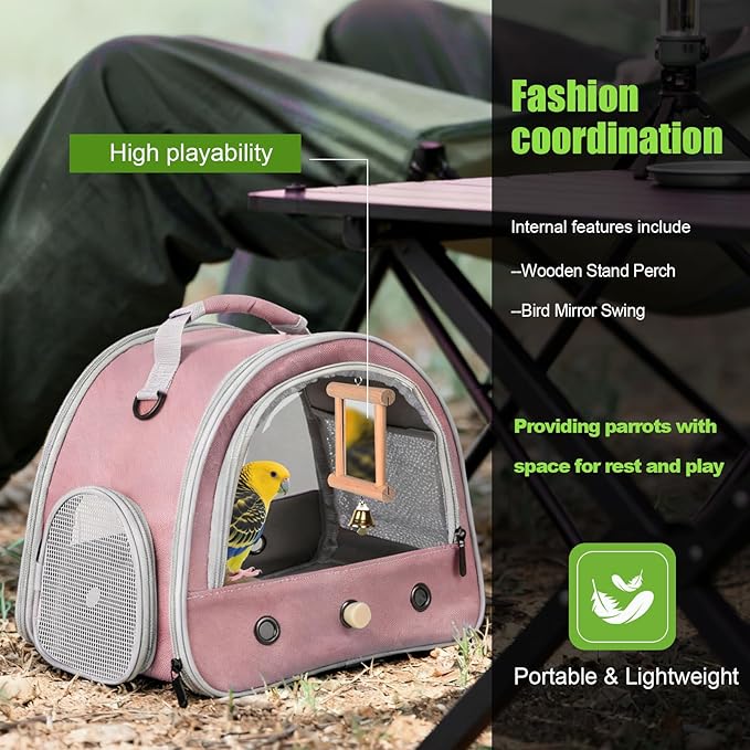 Parrot Travel Cage with Bird Cage Bells Mirror Set,Portable Small Bird Parakeet Bag with Standing Perch and Comfy Mat Bird Carry Transport Bag with Clear Window Vet Visit Shopping