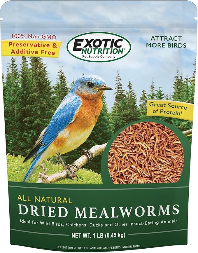 Dried Mealworms - 100% Natural, Non-GMO, High Protein, Bulk Insect Treat for Chicken, Laying Hen, Chick, Wild Bird, Bluebird, Duck, Goose, Turkey, Chickadee, Titmice, Wren, Reptile, Fish (1 lb.)