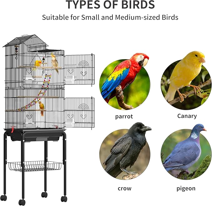 YITAHOME 62 inch Metal Bird Cage, Large Parakeet Cages for Parrot, Cockatiel, Lovebird, Pigeon with Roof Top, Rolling Stand and Hanging Accessories