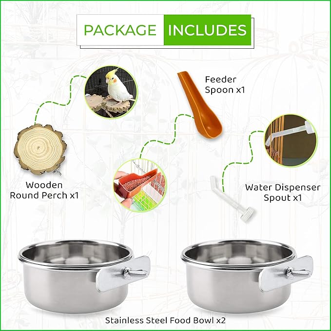 2pcs Bird Cage Feeder Stainless Steel, 10 * 5cm Bird Water & Food Bowl, Durable Bird Cage Accessories, Includes Round Wooden Perch, Bird Feeder Spoon & Water Spout, for Parrots & Small Birds