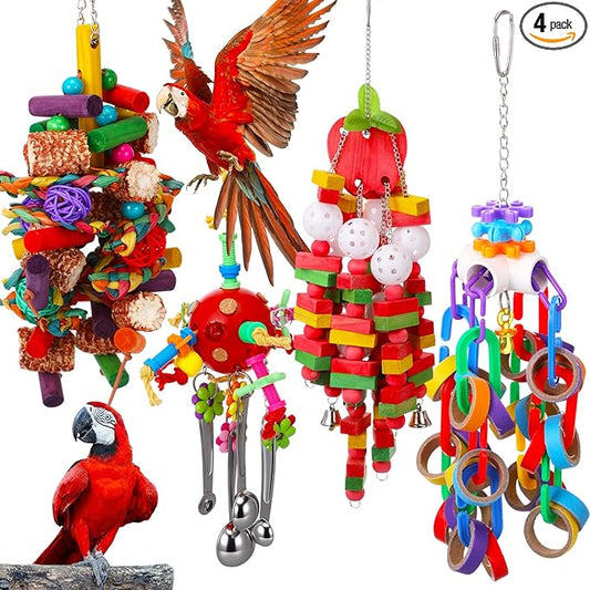 Soulchen 4 Pcs Extra Large Bird Parrot Toy Set Natural Wooden Chewing Toy, Rattan Ball, Wood Nut Loofah String (Bagged) for Large Macaws, African Grey, Amazon Parrots (Corn Cob)