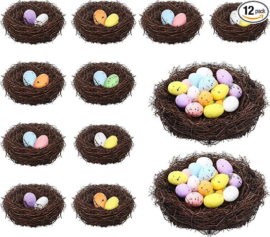 PETKNOWS Easter Artificial Bird Nest with Eggs for Crafts, 12Pcs Mixed Size Artificial Rattan Birds Nest with 26Pcs Foam Easter Eggs Small Faux Bird Nest Decor for Spring Garden Yard Home Tree Decor