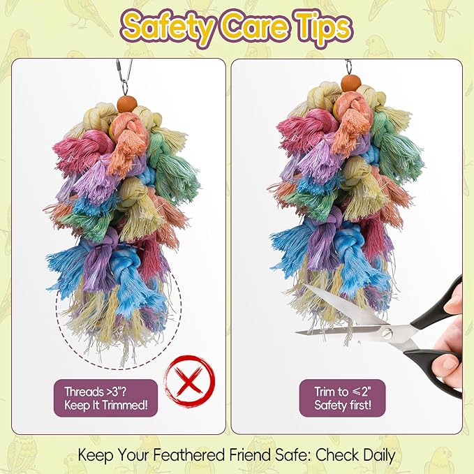 Bird Preening Toy - Natural Cotton Rope & Wood Blocks to Support Feather Health, Safe Screw-Link Enrichment Hanging Toy for Cockatiels, Conures, Parakeets,Lovebirds