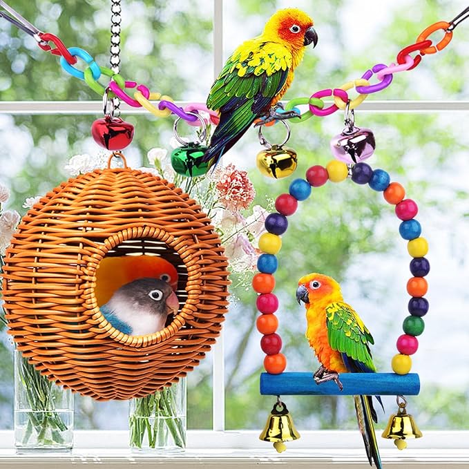 Chewproof Steel Frame Bird Nest for Cage, With 4 Swing Hanging Standing Chewing Toy Hammock Climbing Ladder,Washable Small Bird Bed Parakeet Nest Sleep for Parakeet Lovebird, Canary, Budgie, Finch