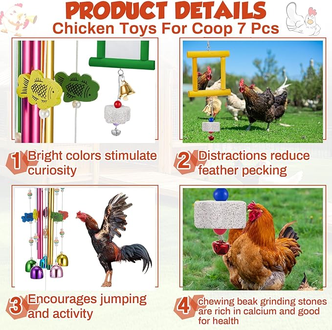 VioraWhite 7 Pcs Chicken Toys, Hanging Chicken Wind Chime, 2 Pcs Coop Mirror Toys with Bells 4 Pack Beak Grinding Stones, Musical Coop Accessories for Hens Roosters Chicks Poultry Birds(Yellow，Green)