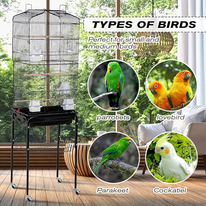 HCY Bird Cage Parakeet 64 inch Open Top Standing Parrot Accessories with Rolling Stand for Medium Small Cockatiel Canary Conure Finches Budgie Lovebirds Pet Storage Shelf, Black, 64x13x17 (Pack of 1)