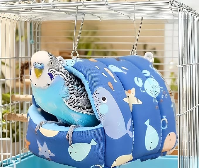 Warm Bird Nest House Plush Birds Hut Bed Hanging Hammock Sleeping Bed Bird Snuggle Cave Hanging Tent for Parrot Parakeet Cockatiel Conure African Grey Macaw-Wild Ocean