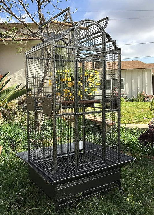 Large Elegance and Durable Wrought Iron Open Play Top Stand Bird Parrot Rolling Cage, Include Metal Seed Guard Solid Metal Feeder Nest Door