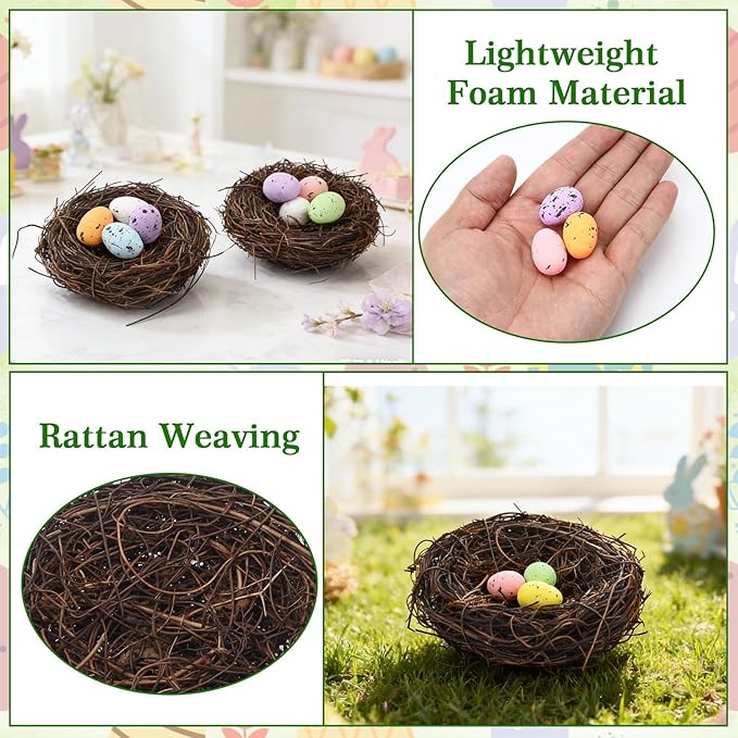 PETKNOWS Easter Artificial Bird Nest with Eggs for Crafts, 6Pcs Artificial Rattan Birds Nest with 12Pcs Foam Easter Eggs Small Faux Bird Nest Decor for Spring Tree Ornaments Garden Yard Home Decor