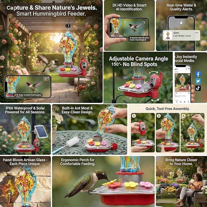 Hummingbird Feeder with Camera, Smart Glass Humming Bird Feeder Camera Solar Powered, AI Identify and Instant Notifications, 2K Live View, Leak-Proof Ant & Bee Proof