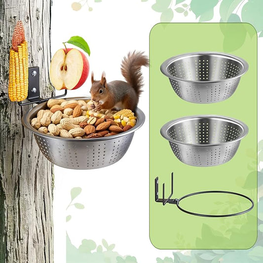 Squirrel Feeder - 1 Metal Stand + 2 Colander Bowls (8.5"/1.4L) for Replacement, 2 Corn Cob Spikes for Multi-Food, Metal Squirrel Feeders for Outside, Removable Bowl Nice to Clean/Refill