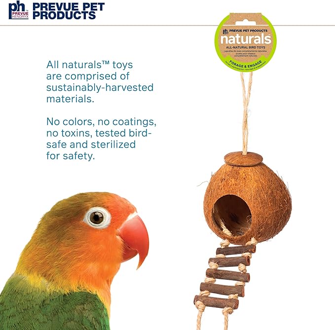 Prevue Pet Products Naturals Coco Hideaway with Ladder - Bird Toy for Parrots, Conures, Cockatiels, Budgies, and Small to Medium Birds, Cage Accessory for Climbing, Resting, and Beak Exercise