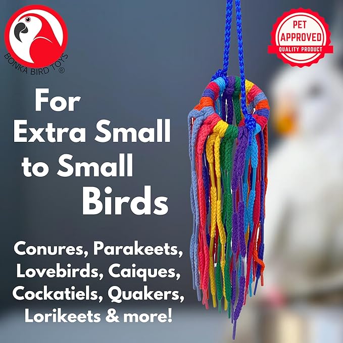 Bonka Bird Toys 51214 Small Aglet Heaven Cotton Shoelace Toy with Plastic Aglets and 2" Ring for Parakeets Cockatiels Quakers Pionus Small Bird Enrichment