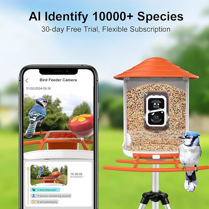 birdsnap® TUC Bird Feeder with Camera 2K HD Live with 32GB Card Auto Detect & Notify AI Identify Camera Birds Feeders Solar Powered Wireless Outdoors Backyard Gift for Mom Dad Birds Lover, 2.4G WiFi