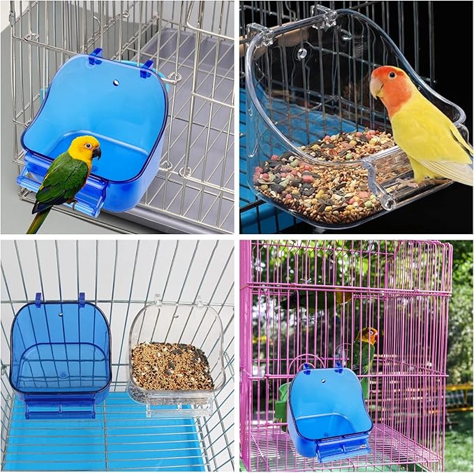 Bird Bath for Cage- Multi-Functional Bird Bath Tub Hanging Parrot Bathtub Shower Box Food Feeder Cage Accessory for Small Birds Canary Budgies Parrots Cockatiel Lovebird Hamster (Blue)
