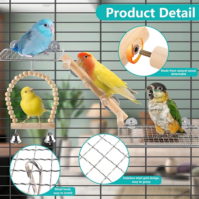 DBNESS 4Pcs Bird Perches Toys, Stainless Steel Perch Platform (2 Sizes), Natural Wood Parrot Climbing Ladder & Swing with Bell, Play Gym Cage Accessories for Budgie Cockatiel Lovebird Canary Conure
