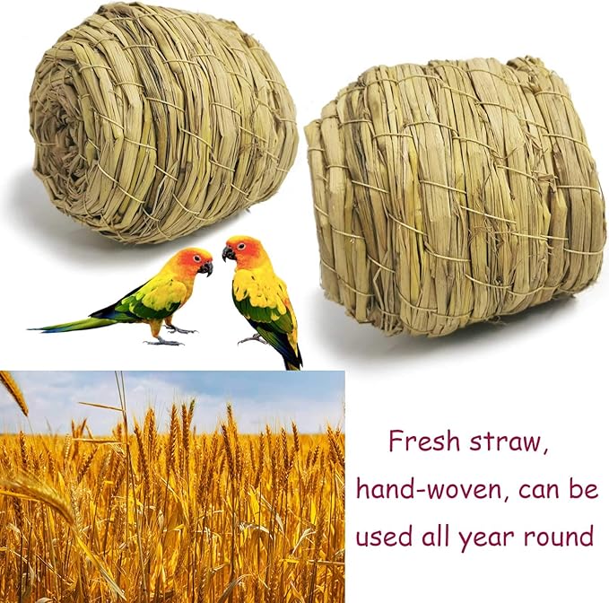 kathson 4PCS Straw Bird Nest Natural Fiber Birdcage Birdhouse Parrot Hideaway Shelter Hut Parakeet Perch Hanging Bell Toys for Small Finch Canary Lovebird Resting Breeding Playing