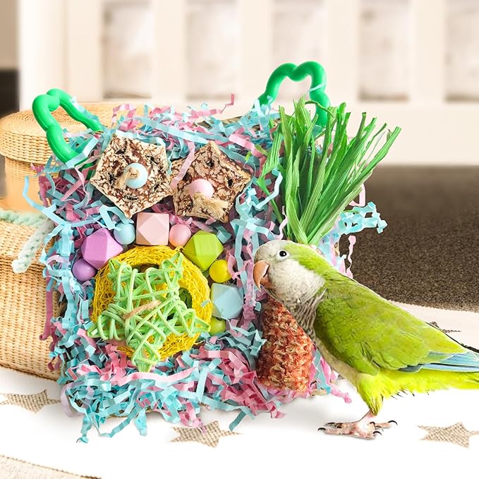 Parakeet Toys, Bird Toy Conure Grass Mat Budgie Shredder Hanging Set Cockatiel Foraging Toys Parrot Climbing Wall Toy Lovebird Cage Accessories for Small Birds