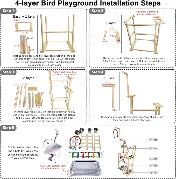 Hamiledyi Natural Wood Bird Playground Stand with 4 Large Layers - Exercise Perch for Parrots Cockatiels and Small Birds Indoor Bird Activity Center with Ladders and Swings