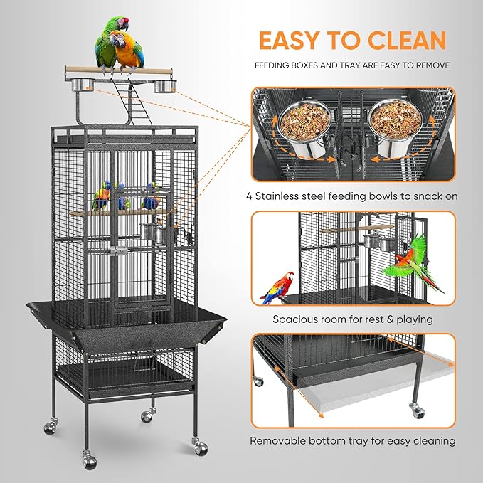 SUPER DEAL PRO 61-inch 2in1 Large Bird Cage with Rolling Stand Playtop Parrot Chinchilla Finch Cage Macaw Conure Cockatiel Cockatoo Pet House Wrought Iron Birdcage, Black
