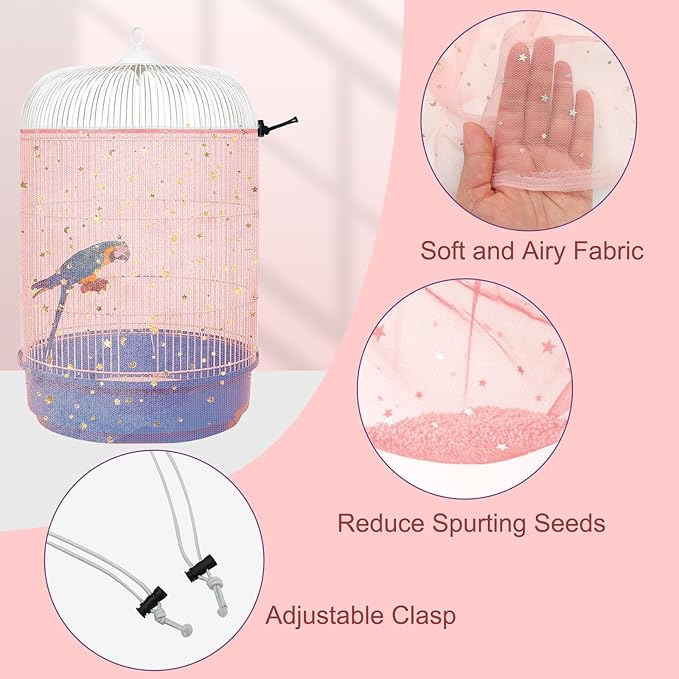 Bird Cage Seed Catcher, 45-90'' Adjustable Bird Cage Cover, Universal Nylon Bird Cage Mesh Net, Bird Cage Skirt Guard Accessories for Parrot Parakeet Macaw Round Square Cage (Pink)