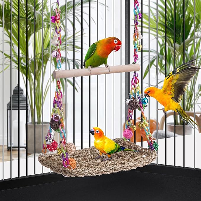 FrgKbTm Bird Swing Toys with Wood Perch, Seagrass Woven Parrot Platform Bird Climbing Hanging Hammock Bird Perch Stand Chewing Toy for Parakeets,Budgie, Conure, Cockatiel,Lovebird