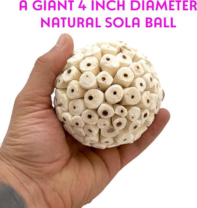by M&M 5107 Mega 4 Inch Sola Ball - Handmade Lightweight Sola Wood Foraging Bird Foot Toy, Large Chewable Sphere, Easy to Shred for Beaks and Feet, Great for Med to Large Size Birds