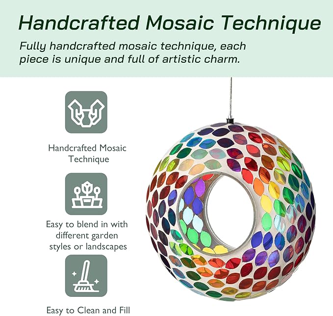 Glitzhome Hanging Bird Feeder for Outdoor 8''D Glass Round Multi-Color Mosaic Decorative Garden Birdfeeder
