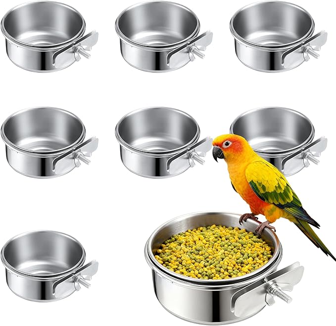 8 Pcs Stainless Steel Bird Food & Water Bowls with Clamp Holder - Hanging Bird Cage Feeding Dishes, Pet Feeders for Cockatiel, Conure, Budgie, Parakeet, Macaw & Small Animals
