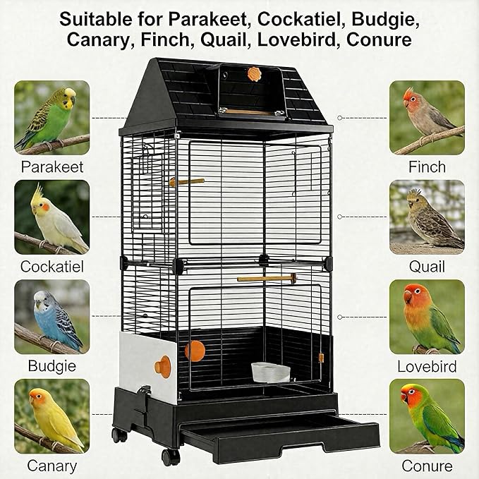 Oneluck Modern Bird Cage with Panoramic View, 38.5" H Bird Aviary for Small to Medium Birds,Birdcage with Easy Clean Tray for Parakeet,Cockatiel,Budgie,Parakeet,Canary,Finch,Quail,Lovebird,Conure