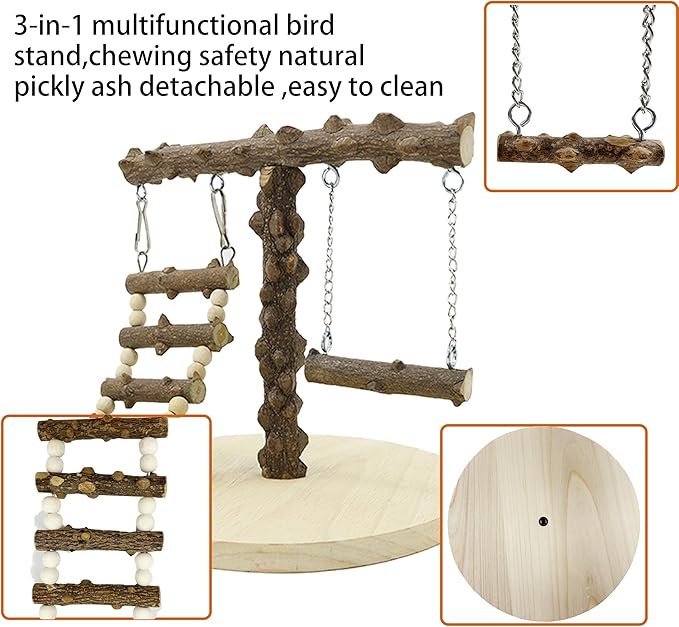 Natural Wood Parrot Play Stand, Bird Gym with Ladder and Swing, Training Station, Climbing Playground for Budgies, Cockatiels, Lovebirds,Conures Small to Medium Birds