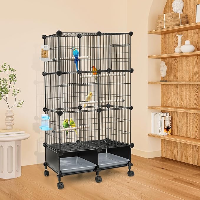 VISCOO Upgraded Encrypted 46-Inch Bird Cage, with Wooden Perches, Metal Parakeet Cage with Slide-Out Tray, Water Bottle&Feeder, Bird Cages for Parrot,Parakeets,Cockatiel,Lovebird,Small Mid-Sized Birds