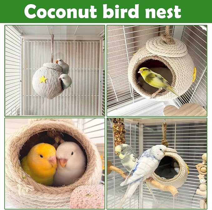 Tfwadmx Natural Coconut Fiber Hanging Birdhouse for Cage Coconut Hide with Loop Coconut Bird Shell Breeding Nest for Parrot Parakeet Lovebird Finch Canary, Pet Cage Habitats Decor,Small Animals House