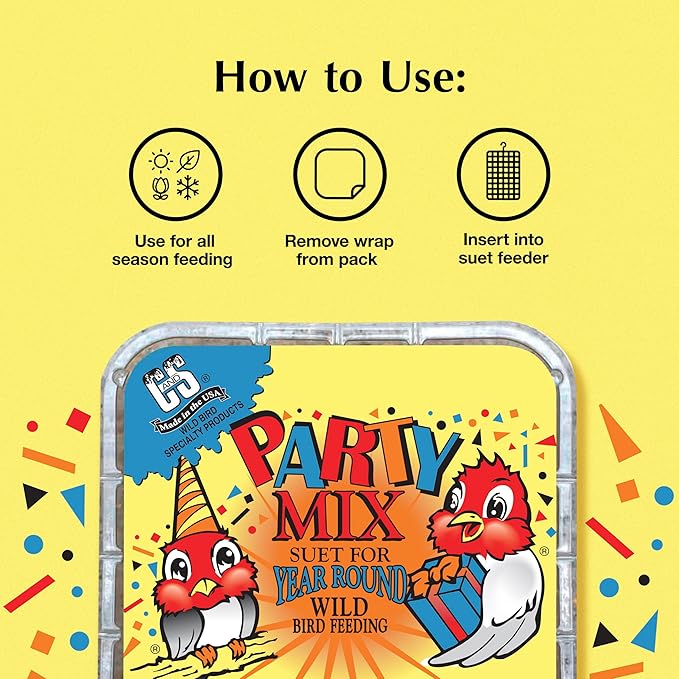 C&S Party Mix Suet Treat, Suet Cakes for Wild Birds Including Robins, Blue Jays, Woodpeckers, Wrens, Bluebirds and More, 11 Ounces, Pack of 8