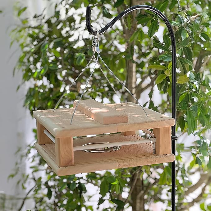 DutchCrafters Cedar Wood Covered Hanging Bluebird Feeder for Mealworms with Food Cup, Enclosed Wooden Dried Mealworm Feeder for Bluebirds for Outdoors