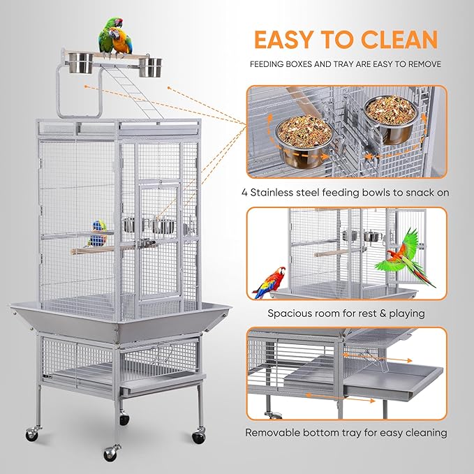 SUPER DEAL PRO 61-inch 2in1 Large Bird Cage with Rolling Stand Playtop Parrot Chinchilla Finch Cage Macaw Conure Cockatiel Cockatoo Pet House Wrought Iron Birdcage, White